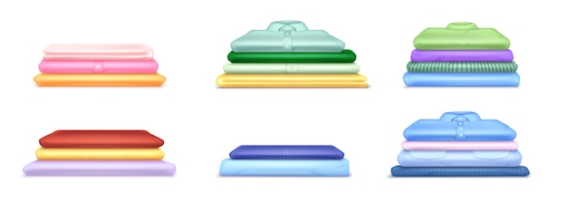 Vetor grátis toalhas de lavanderia roupas pilha conjunto realista com ícones coloridos isolados de cobertores macios e camisas ilustração vetorial