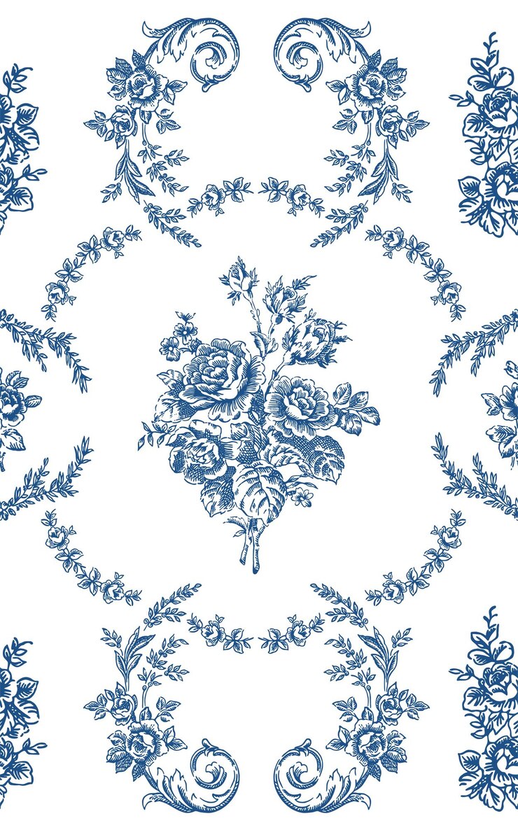 Vetor grátis toile de jouy padrão vector floral padrão antigo sem costura com grandes rosas de peônia e folhas em azul