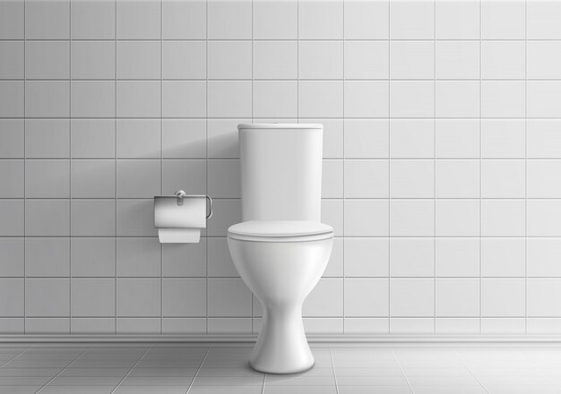 Toiler quarto minimalista interior com parede de azulejos e piso 3d realista vector maquete