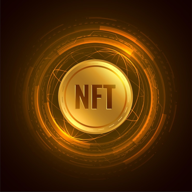 Vetor grátis token digital nft não fungível no pôster do conceito de moeda dourada