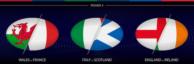 Torneio de rugby rodada 4, ícone de rugby em forma de bola sobre fundo azul. modelo de vetor.