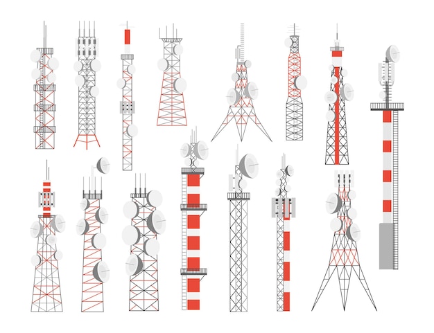 Vetor grátis torre de antena com conjunto de ilustrações vetoriais de antenas parabólicas. torres de transmissão de rádio, comunicação ou telecomunicações, transmissão de internet, televisão ou telefone. telecomunicações, conceito de rede