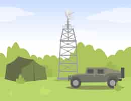 Vetor grátis torre de transmissão de sinal no acampamento militar. ilustração de carro, barraca, floresta plana