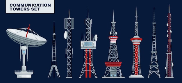 Vetor grátis torres de comunicação definidas com texto e imagens isoladas de torres de telecomunicações com design diferente e ilustração vetorial de antenas