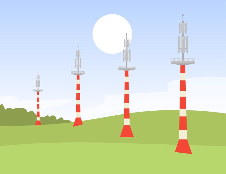 Vetor grátis torres de transmissão de sinais metálicos em campo. ilustração plana de rede, wi-fi, s un