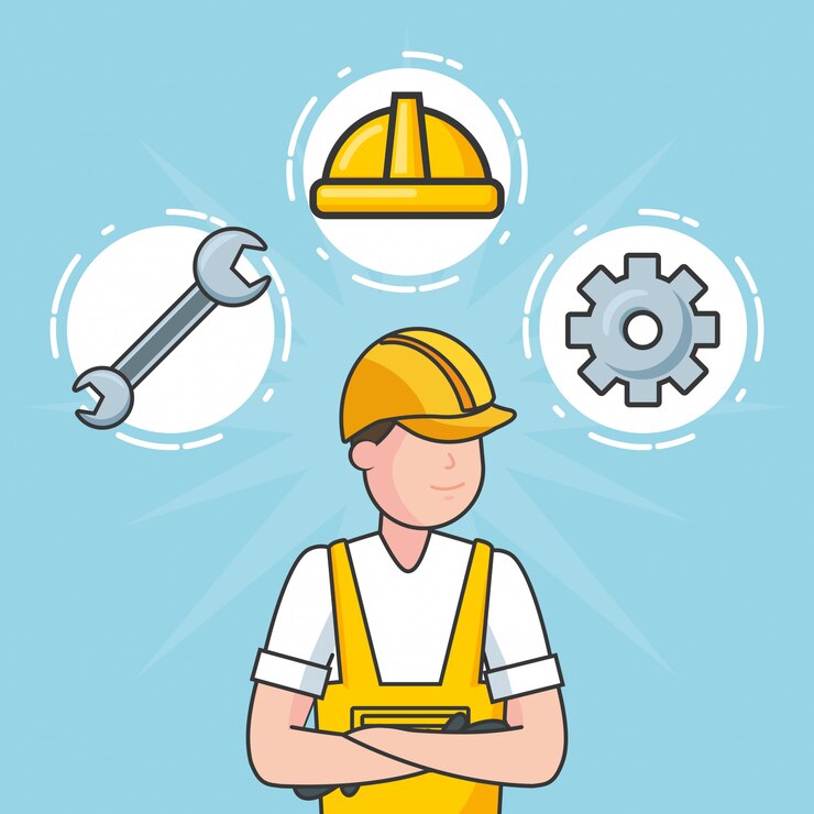 Vetor grátis trabalhador com objetos de construção, ilustração