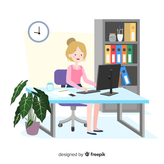 Trabalhador de escritório sentado no design plano de mesa