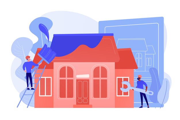 Trabalhadores com pincel e chave melhorando a casa. Conceito de serviços de renovação, renovação imobiliária, remodelação e construção de casas. Ilustração de vetor isolado de coral rosa