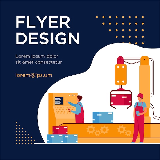 Trabalhadores da fábrica e braço robótico removendo pacotes da linha de transporte. engenheiro usando computador e processo operacional. modelo de folheto