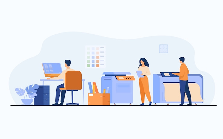 Vetor grátis trabalhadores de casa de impressão usando computadores e operando grandes impressoras comerciais para a impressão de banners e pôsteres. ilustração vetorial para agência de publicidade, indústria gráfica, conceito de design de publicidade