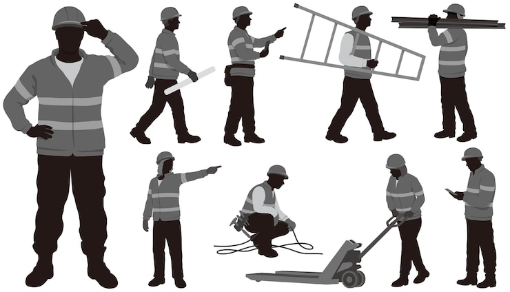 Vetor grátis trabalhadores de construção vector ilustração monochrome set isolado em um fundo branco