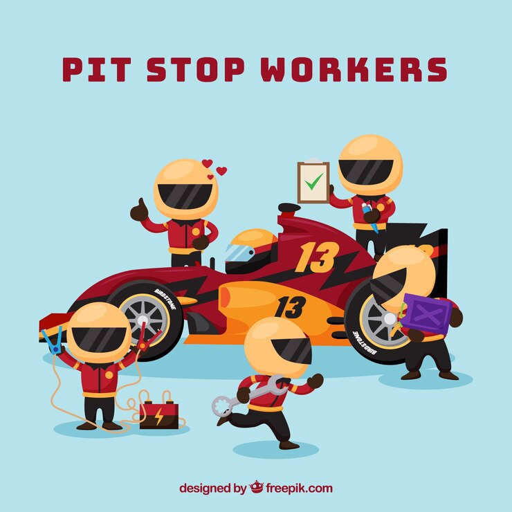 Vetor grátis trabalhadores de pit stop de fórmula 1 com design plano