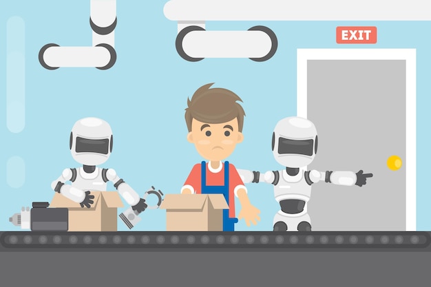 Vetor grátis trabalhando sem humano robô expulsa humano da fábrica robôs mudam pessoas no transportador
