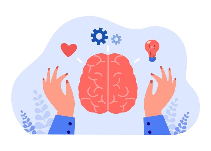 Vetor grátis trabalho de pessoa com lado racional e sentimental do cérebro. mãos e cabeça abstrata com ilustração vetorial plana de coração e lâmpada. conceito de psicologia para banner, design de site ou página de destino