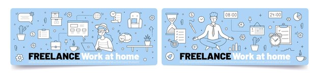 Trabalho freelance em casa doodle banners conceituais