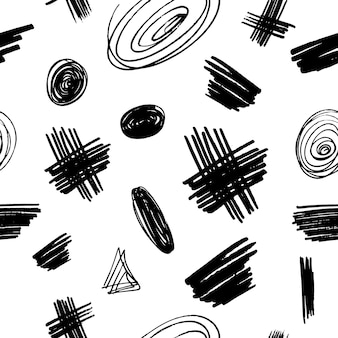 Traçados de pincel de tinta, linhas e círculos. pincéis de doodle de grunge em backdraund branco. padrão de vetor abstrato sem emenda.