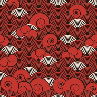 Tradicional japonês vintage padrão sem emenda com ondas abstratas vermelhas e brancas