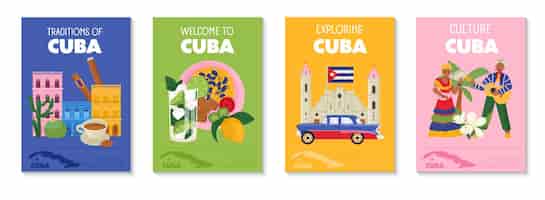 Vetor grátis tradições e cultura de cuba cartazes verticais coloridos com cozinha cubana gente arquitetura plana ilustração vetorial isolada