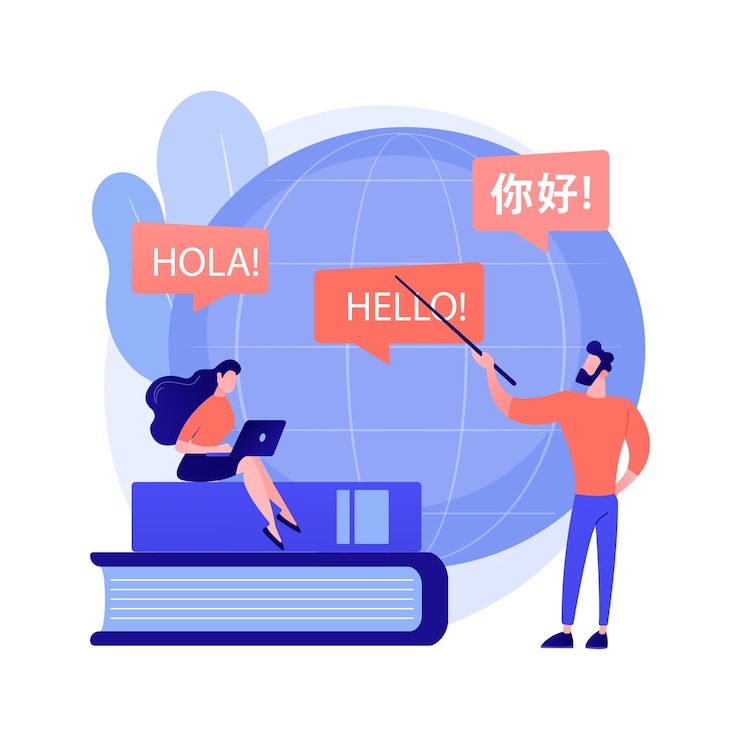 Vetor grátis tradução de línguas estrangeiras. ciências linguísticas, tradução automática, programa de intercâmbio de estudantes universitários. cursos de aprendizagem de línguas