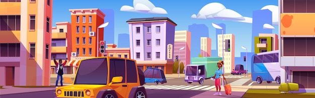 Vetor grátis tráfego e pedestres da rua da cidade dos desenhos animados