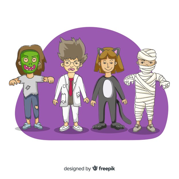 Trajes de crianças desenhadas mão halloween personagem