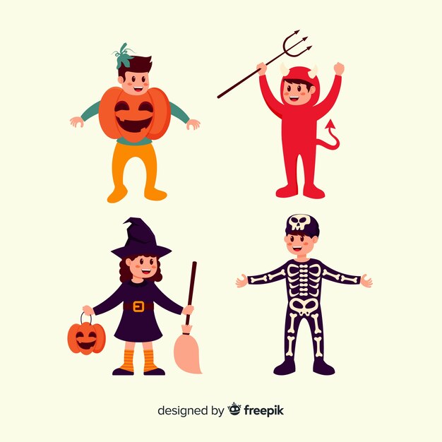 Trajes fofos coleção de personagens de halloween plana