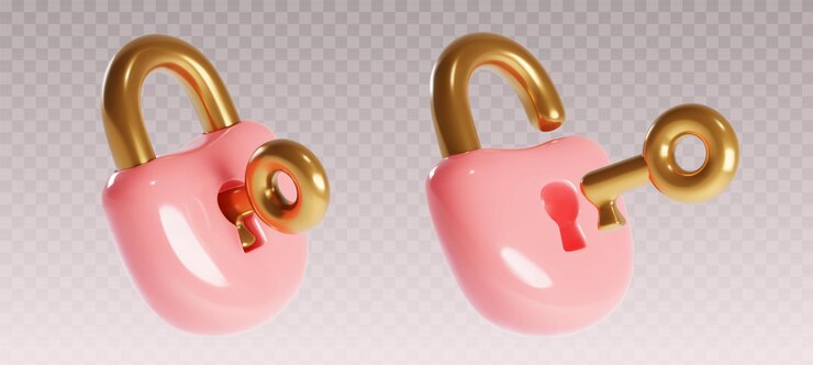 Vetor grátis tranca 3d, cadeado rosa seguro com chave para abrir o cofre.