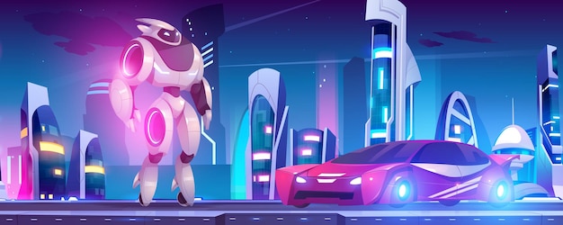 Transformadores de robôs em forma de andróide e carro na cidade futurista. Ilustração em vetor dos desenhos animados do herói robótico de metal se transformando em um veículo vermelho e um ciborgue no fundo de uma paisagem urbana fantástica