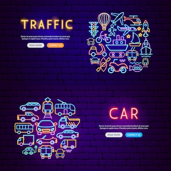 Transporte banners neon. ilustração em vetor de promoção de transporte.