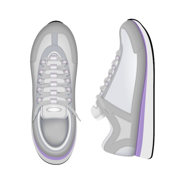 Treinamento esportivo, tênis de corrida na moda sapatos brancos superior e lateral closeup vista composição realista