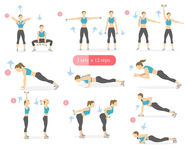 Vetor grátis treino de braços definido em branco mulher com roupa esportiva fazendo exercícios na academia todos os tipos de treinamento de braços e ombros