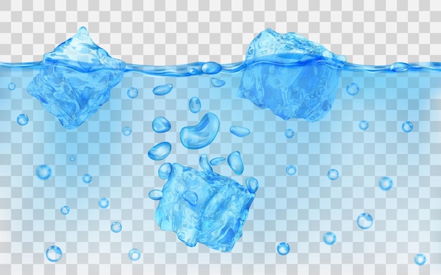 Três cubos de gelo de azul claro translúcido e muitas bolhas de ar flutuando na água em fundo transparente. transparência apenas em formato vetorial Vetor Premium