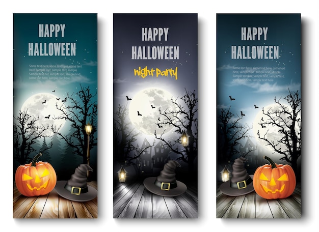 Três férias banners de halloween com abóboras. vetor