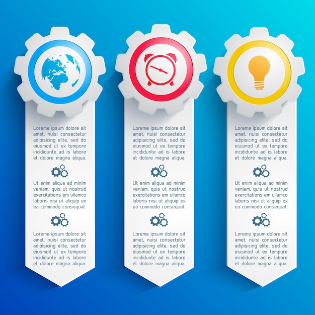 Três infográficos verticais abstratos com ícones redondos coloridos de negócios isolados no plano