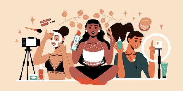 Três lindas blogueiras de beleza gravando um vídeo sobre cuidados com a pele mostrando uma ilustração plana de produtos cosméticos e acessórios