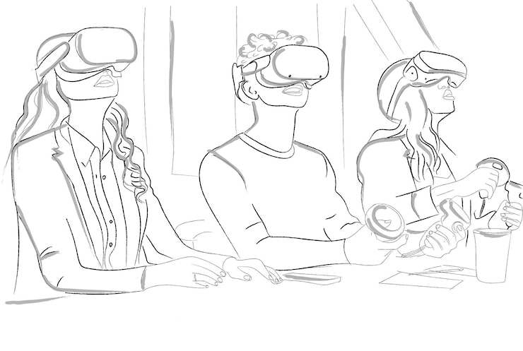 Vetor grátis três pessoas brincando com vr em storyboards vetoriais de escritório