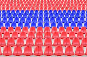 Vetor grátis tribuna de estádio realista com vista para assentos de plástico vazios para fãs coloridos em ilustração vetorial de vermelho e azul