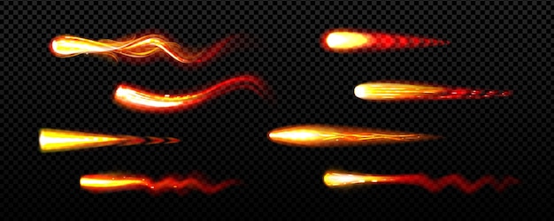Vetor grátis trilhas de fogo voando cometas de asteróides conjunto brilhante
