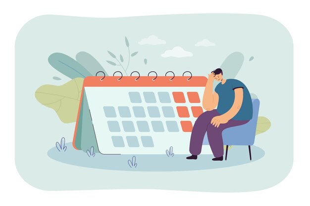 Triste trabalhador ou estudante sentado na cadeira em frente ao grande calendário. Personagem de desenho animado masculino pensando em ilustração vetorial plana de trabalho. Prazo, organização, conceito de estresse para banner, design de site