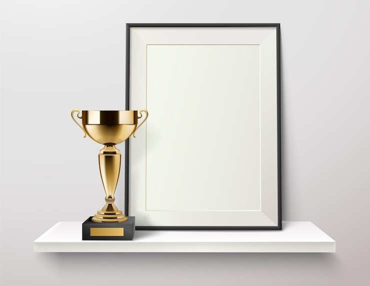 Vetor grátis troféu e moldura em uma estante