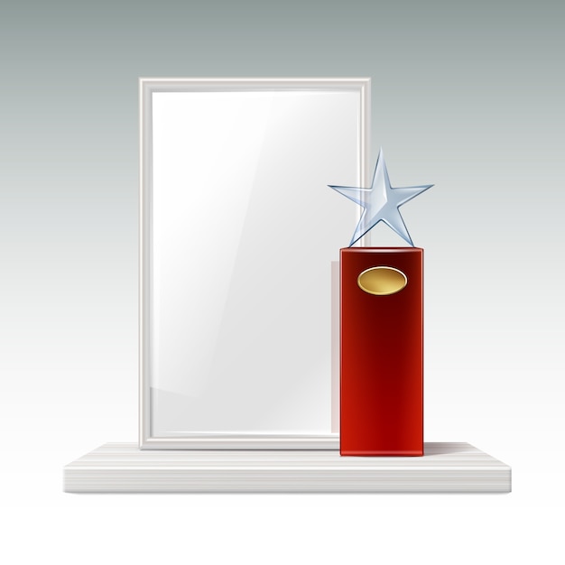 Troféu estrela de vidro de vetor com grande base vermelha, quadro indicador dourado e moldura em branco para vista frontal do copyspace isolado no fundo branco