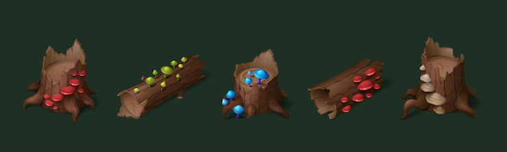 Vetor grátis tronco de árvore de desenho animado e tronco com musgo e fantasia cogumelos brilhantes brilhantes para jogo ui conjunto de ilustração vetorial de troncos de madeira marrom com fungos germinados na casca para design de gui florestal