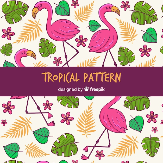 Vetor grátis tropical de fundo com flores, folhas e flamingos