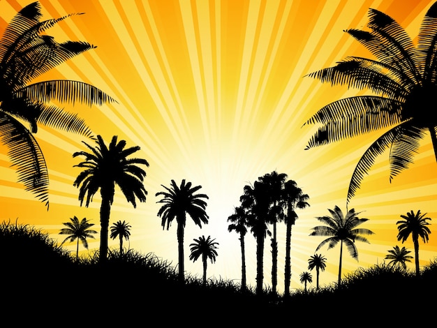 Tropical fundo com palmeiras contra um céu ensolarado