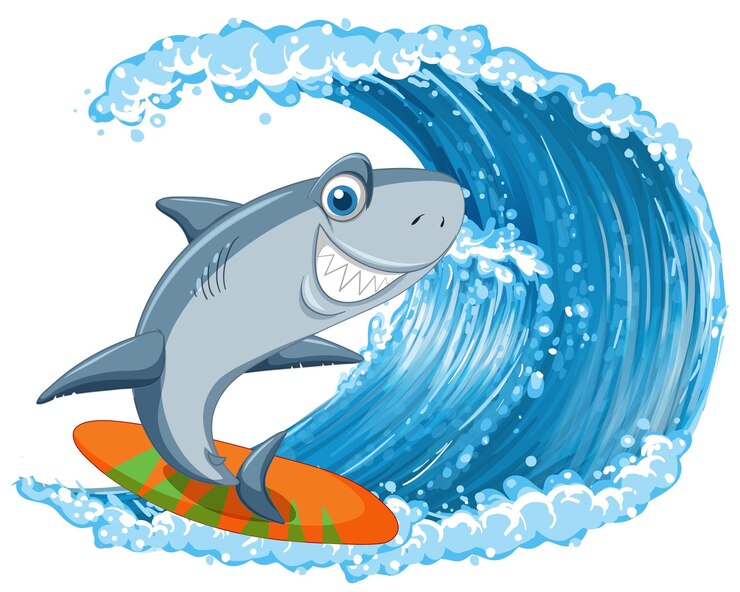 Vetor grátis tubarão na prancha de surf com onda do mar