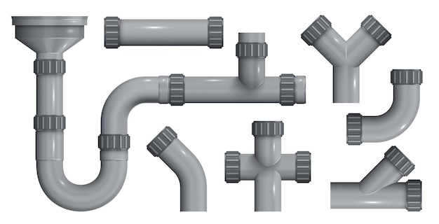 Vetor grátis tubos de plástico de esgoto com elementos de conexões de encanamento conjunto realista isolado na ilustração vetorial de fundo branco