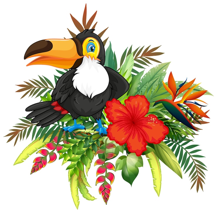 Vetor grátis tucano tropical com arranjos florais exóticos