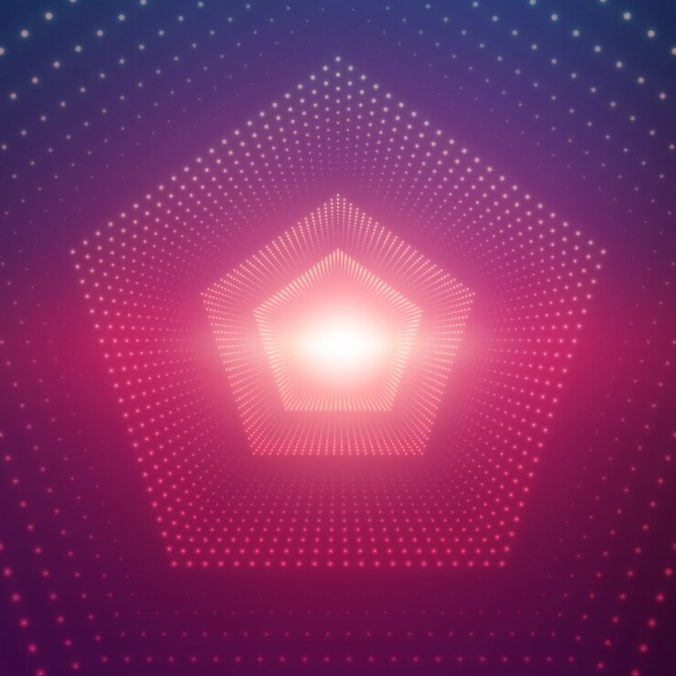 Vetor grátis túnel pentagonal infinito de reflexos brilhantes sobre fundo violeta