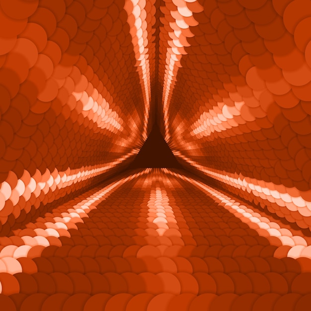Túnel triangular infinito de vetor de círculos coloridos em fundo vermelho escuro. as esferas formam os setores do túnel. fundo colorido cibernético abstrato para seus projetos. papel de parede geométrico moderno elegante.