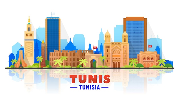 Vetor grátis tunis, (tunísia) cidade skyline vector ilustração fundo branco. conceito de viagens e turismo de negócios com edifícios modernos. imagem para apresentação, banner, site.